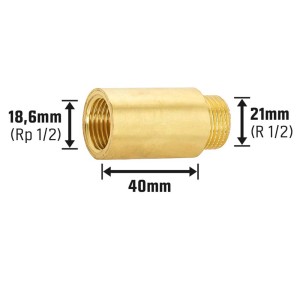 Prolunga rubinetto in ottone, 18,6 mm (Rp 1/2) x 21 mm (R 1/2), lunghezza 40 mm, per raccordi filettati.
