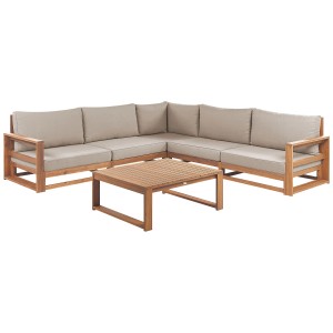 Set lounge Beliani Timor II, divano angolare 5 posti in legno acacia marrone chiaro con tavolo.