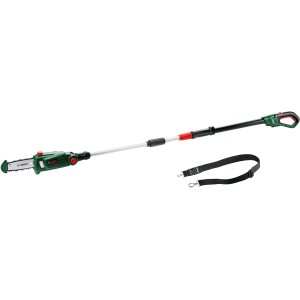 Élagueuse sur perche sans fil Bosch UniversalChainPole 18 (sans batterie) avec manche télescopique et bandoulière.