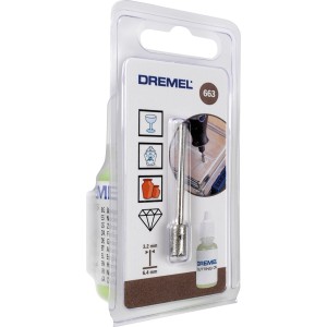Punta diamantata per vetro Dremel 663 in blister con olio, adatta per incisioni su vetro.