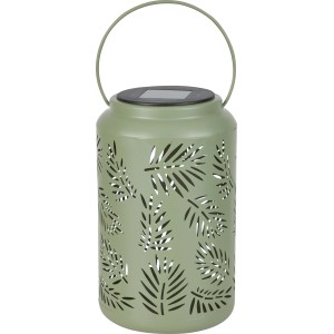 Lanterne solaire LED verte motif feuilles, Ø 12 cm x 20 cm, pour jardin et balcon.