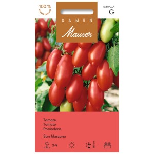 Sachet de graines de tomate San Marzano F1 : tomates rouges oblongues sur la plante.