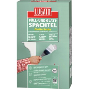 Enduit Lugato Glatte Sache, blanc, appliqué à la spatule sur un mur. Idéal pour enduit mural et de plafond.