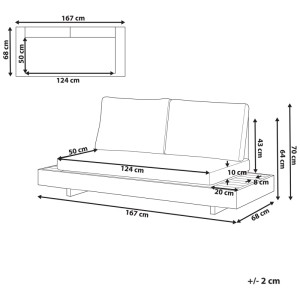 Disegno tecnico del divano da giardino Beliani Marettimo. Misure del mobile lounge 2 posti in legno di acacia: 167x68x70 cm.