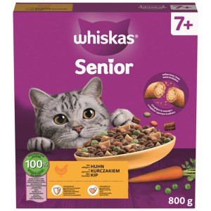 Whiskas Senior 7+ Katzen-Trockenfutter Huhn 800g. Lila Packung mit Katze, Futterschale, Karotten & Erbsen.