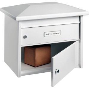 Boîte aux lettres blanche Burg-Wächter Europa 732 grand format avec compartiment colis et porte ouverte.