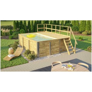 Piscine en bois massif Weka avec terrasse, échelle et bouée jaune dans le jardin.