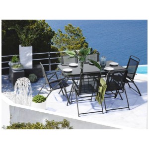 Ensemble de jardin Beliani Livo noir: table rectangulaire en verre, 6 chaises pliantes sur terrasse.