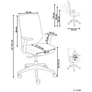 Schizzo sedia da ufficio Virtuoso blu/grigia con dimensioni: altezza 97-107cm, larghezza seduta 48cm, carico max 136kg.