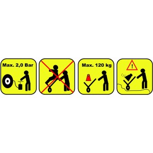 Istruzioni di sicurezza per carriola OBI: carico max 120 kg, pressione pneumatici max 2.0 bar, non trasportare persone.