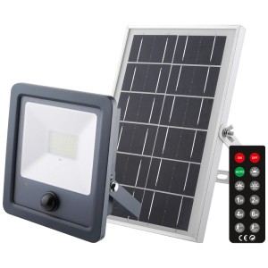 Projecteur LED solaire gris Steffen Worklight 50W avec panneau solaire et télécommande.