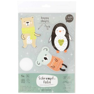 Schrumpffolie A4 gefrostet, 5 Stück, mit Bär, Pinguin und Koala Motiven zum Bemalen und Basteln.