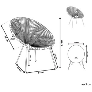 Sedia da giardino Beliani Acapulco II: Disegno tecnico con misure (A 87 cm, L 70 cm) e carico max 160 kg.