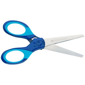 Forbici scolastiche Grip Faber-Castell blu con punte arrotondate per bambini, adatte per destrimani e mancini.