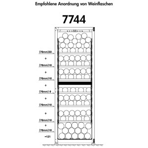 Schéma du réfrigérateur à vin Trisa Dual Zone montrant la disposition des bouteilles et les dimensions.
