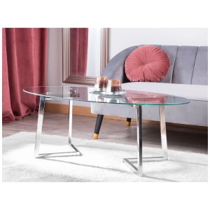 Table basse moderne Fresno avec plateau en verre et structure en métal argenté (120x60cm).