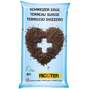 Sacco di terriccio svizzero Ricoter, terriccio universale senza torba con croce svizzera a forma di cuore.