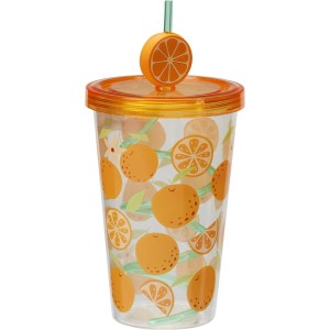 Gobelet à motif de fruits, plastique, 600 ml, avec paille et couvercle orange.