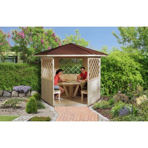 Gazebo Weka 233 in legno con tavolo e panche in giardino.