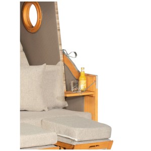 Gros plan : Fauteuil de plage Nouvel Zingst avec porte-boissons, polyrotin beige, bois.