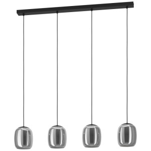 Moderna lampada a sospensione Eglo Ciampino con 4 paralumi in vetro grigio e telaio in acciaio nero.