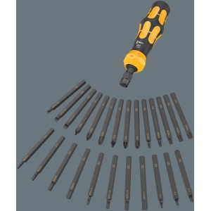 Jeu de tournevis Wera Kraftform Kompakt 900 19 pièces avec embouts et manche jaune et noir.