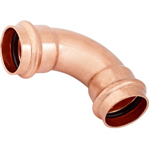 Raccordo a pressare in rame, curva a 90 gradi, Ø 28 mm per tubi in rame.