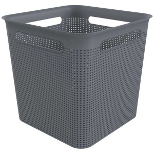 Anthrazitfarbene Rotho Brisen Aufbewahrungsbox, 18 l, mit Griffen und Lochmuster.