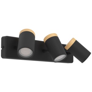 Plafonnier Eglo ConsumaGU10, 3 lampes, acier/bois noir, 400mm. Spots orientables.