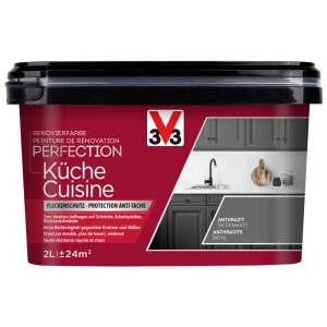 V33 Peinture Rénovation Cuisine Anthracite Satin 2l. Peinture gris foncé pour meubles de cuisine, plans de travail, anti-rayures.