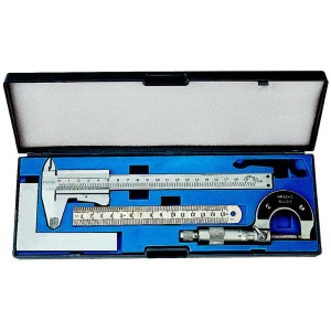 Technocraft jeu d'outils de mesure de précision, 4 pièces : pied à coulisse, micromètre, équerre, règle dans une boîte en plastique.