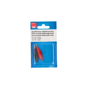 Vollisolierte Krokodilklemmen, rot und schwarz, 2 Stück, für max. 48V.