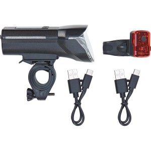 Kit d'éclairage de vélo rechargeable Prophete, 2 pièces, avec éclairage avant et arrière LED, câble de charge USB-C inclus.