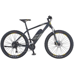 VTT électrique Prophete Graveler noir avec 24 vitesses et pneus de 27,5 pouces.