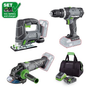 Set d'outils sans fil 3 en 1 LUX-TOOLS : perceuse-visseuse, scie sauteuse, meuleuse d'angle, batterie, chargeur et sac.