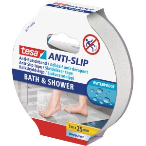 Nastro antiscivolo Tesa per bagno e doccia, trasparente, 5m x 25mm. Tappetino antiscivolo per maggiore sicurezza.