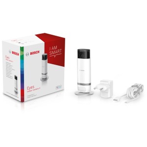 Bosch Smart Home Eyes Innenkamera II mit Zubehör und Verpackung. Smarte Überwachung für Ihr Zuhause.