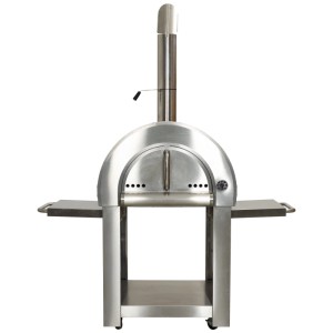 Four à pizza Nouvel Fuego en acier inoxydable argenté, avec rangement pour le bois et étagères.