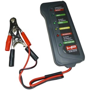Tester elettronico per batteria 12V con morsetti per testare batteria e alternatore.