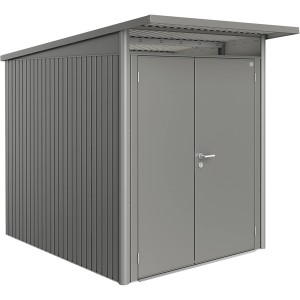 Abri de jardin Biohort AvantGarde A2, gris quartz métallisé, avec double porte étroite.