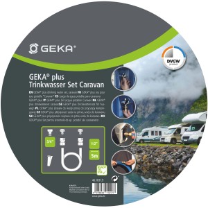 Set acqua potabile Geka per caravan, blu e ottone, con tubo e adattatori.