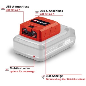 Adattatore batteria Einhell TC-CP 18 Li USB (rosso-nero) con porta USB-A e USB-C su una batteria.