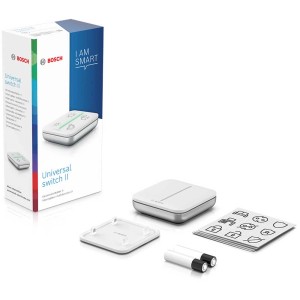 Bosch Smart Home Universalschalter II mit Zubehör: Schalter, Batterien, Aufkleber und Wandhalterung.