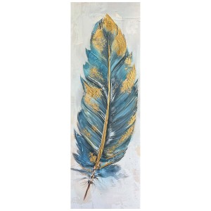 Quadro su tela dipinto a mano "Piuma" (30x90 cm) in blu e oro come decorazione murale.