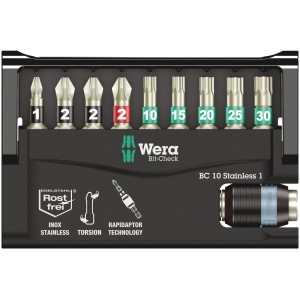 Wera Bit-Set Bit-Check 10 Stainless, set da 10 pezzi, con inserti in acciaio inox e portainserti Rapidaptor.