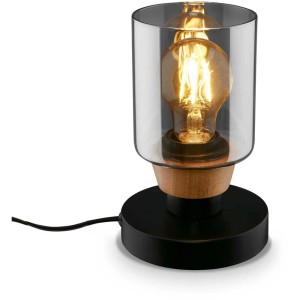Lampe de table design Briloner noir fumé avec verre fumé et éléments en bois.