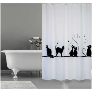 Weißer MSV Duschvorhang mit Katzenmotiv, 180x200 cm. Blickdicht und wasserabweisend.