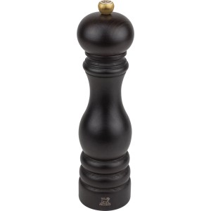 Dunkelbraune Paris Salzmühle aus Holz, 22 cm hoch, mit klassischem, geschwungenem Design und goldenem Einstellknopf.