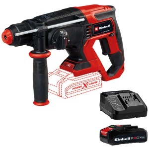Einhell TE-HD 18/20 Li perforateur sans fil avec batterie et chargeur. Marteau perforateur rouge et noir avec poignée auxiliaire.