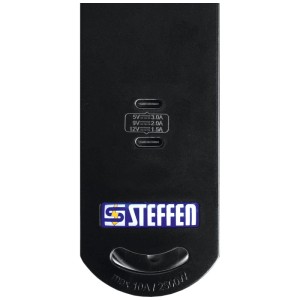 Multiprise Steffen, noire, avec 2 ports USB-C et logo.
